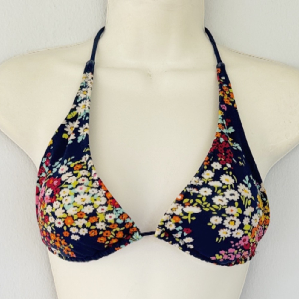 American Eagle navy blue floral print string triangle bikini top size XS